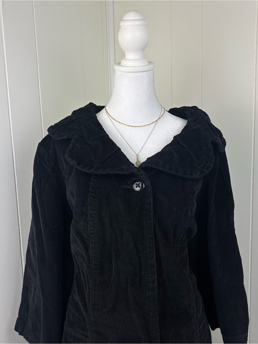 French Cuff Black Corduroy Pea Coat with Scalloped Collar